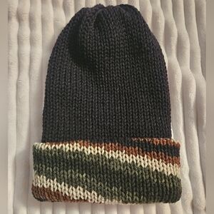 Black Knit Beanie with Striped Cuff